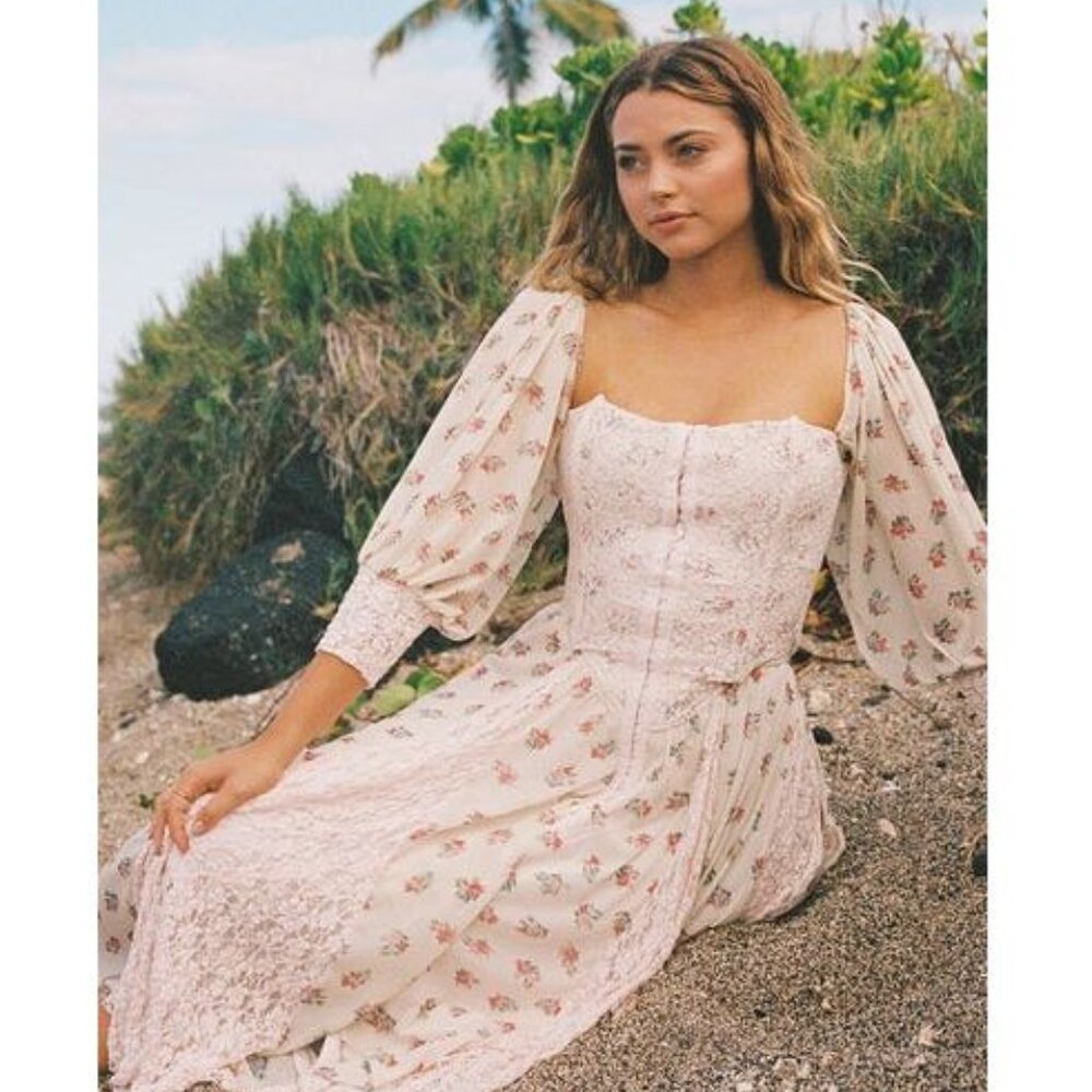 We Are HAH Maiden Memphis Corset Midi Dress in Almond Milk Cottagecore sz Large - Picture 1 of 14